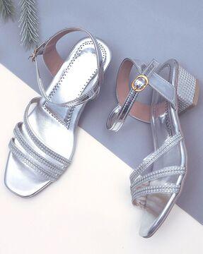 embellished heeled sandals with buckle closure