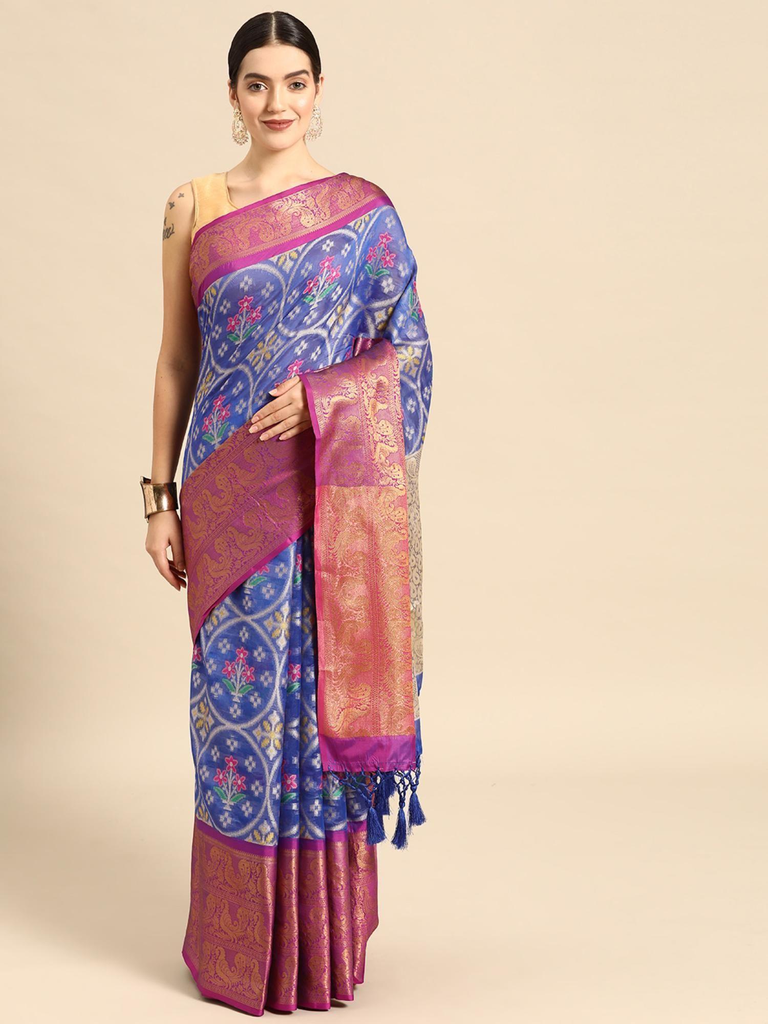 embellished ikkat art silk saree with unstitched blouse