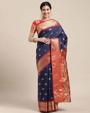 embellished jacquard silk zari border saree with un-stitched blouse piece