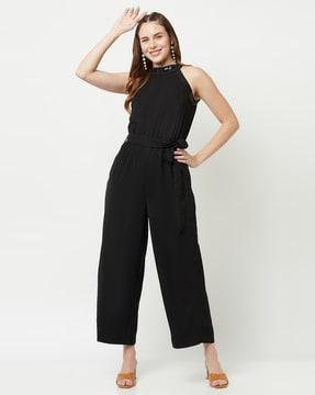embellished jumpsuit with waist tie-up