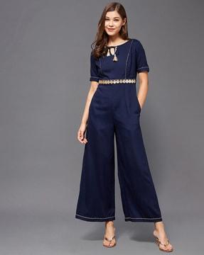 embellished jumpsuit with waist tie-up