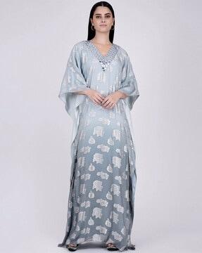 embellished kaftan dress with mirror-work neckline