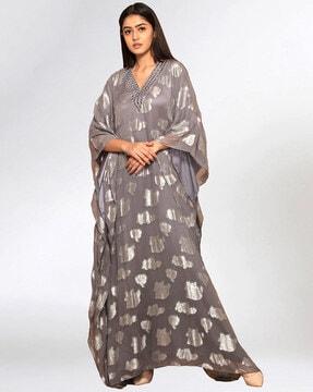 embellished kaftan dress with mirror-work neckline