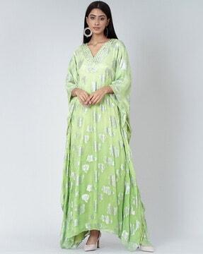 embellished kaftan dress with mirror-work neckline