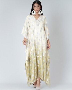 embellished kaftan dress with mirror-work neckline