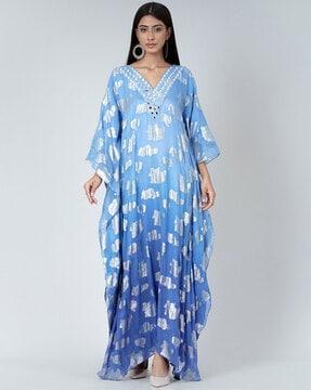 embellished kaftan dress with mirror-work neckline