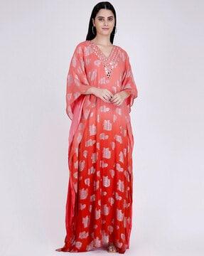 embellished kaftan dress with mirror-work neckline