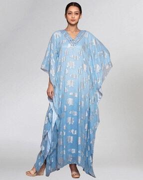 embellished kaftan dress with mirror-work neckline