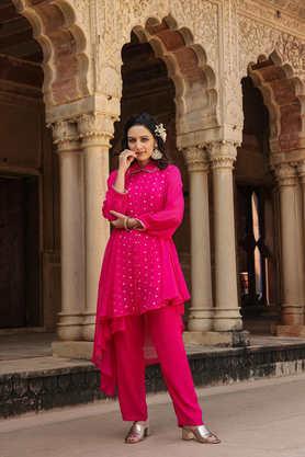 embellished knee length georgette woven women's kurta set - pink