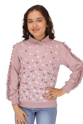 embellished lace round neck girls sweatshirt - dusty pink