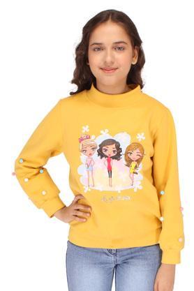 embellished lace round neck girls sweatshirt - yellow
