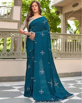 embellished linen saree with tassels