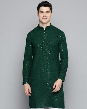 embellished long kurta with band collar