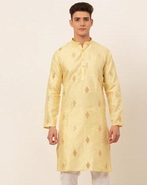 embellished long kurta with mandarin collar