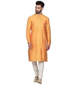 embellished long kurta with mandarin collar