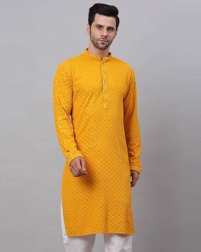 embellished long kurta with mandarin collar