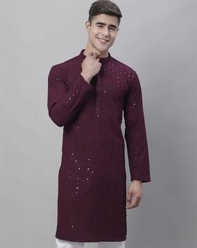 embellished long kurta with mandarin collar