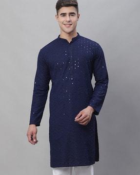 embellished long kurta with mandarin collar