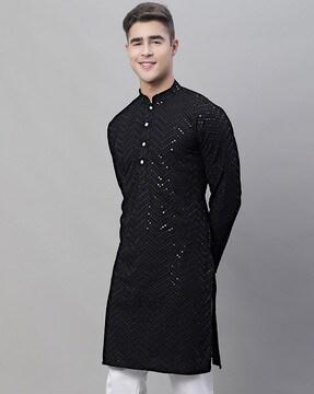 embellished long kurta with mandarin collar