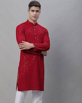 embellished long kurta with mandarin collar