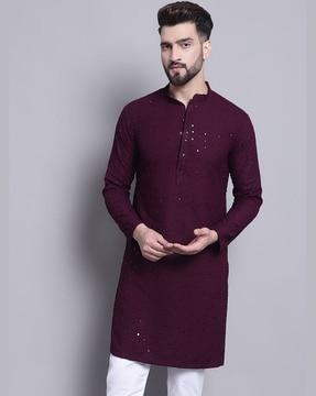 embellished long kurta with mandarin collar