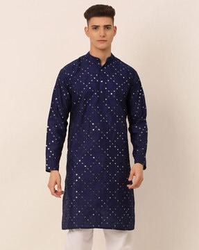 embellished long kurta with mandarin collar