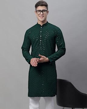 embellished long kurta with mandarin collar