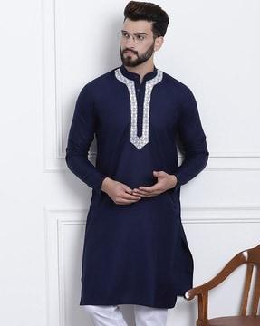 embellished long kurta with mandarin collar