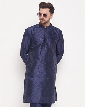 embellished long kurta with mandarin collar