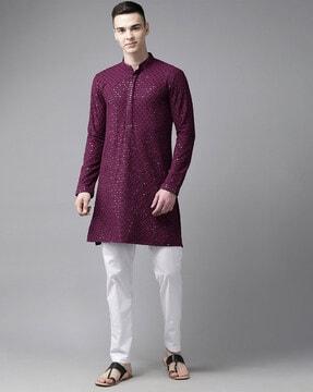 embellished long kurta with mandarin collar