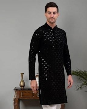 embellished long kurta with mandarin collar