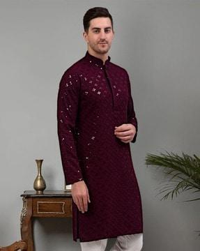 embellished long kurta with mandarin collar