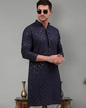 embellished long kurta with mandarin collar