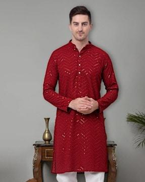 embellished long kurta with mandarin collar