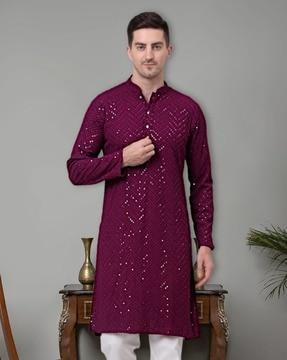 embellished long kurta with mandarin collar