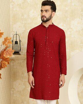 embellished long kurta with mandarin collar