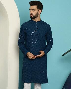 embellished long kurta with mandarin collar