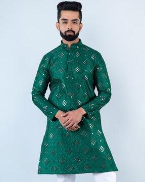 embellished long kurta with mandarin collar