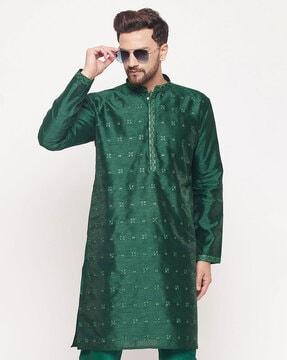 embellished long kurta with mandarin collar