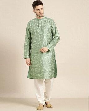 embellished long kurta with mandarin collar