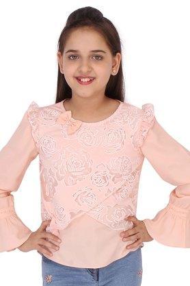 embellished lycra lace fabric & georgette embellished girls top - peach