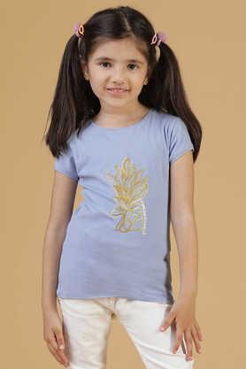 embellished lycra round neck girls t-shirt - blue