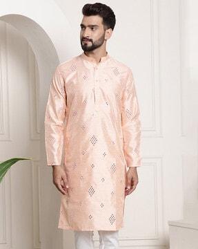 embellished mandarin-collar kurta with mirror work