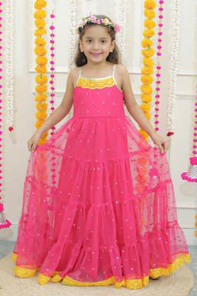 embellished mesh square neck girls festive wear dress - pink
