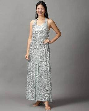 embellished neck tie-up gown dress