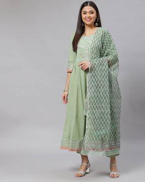 embellished neckline anarkali kurta set