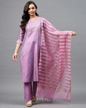 embellished neckline straight kurta suit set