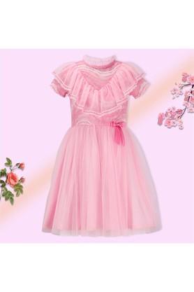 embellished net & lace fabric round neck girls casual wear dress - pink