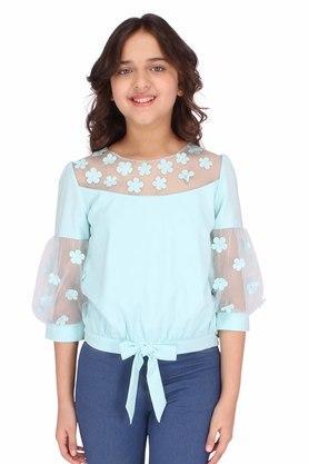 embellished net and georgette round neck girls casual wear top - aqua