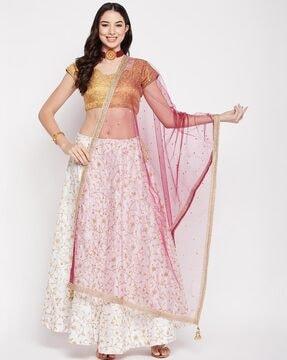 embellished net dupatta with lace border